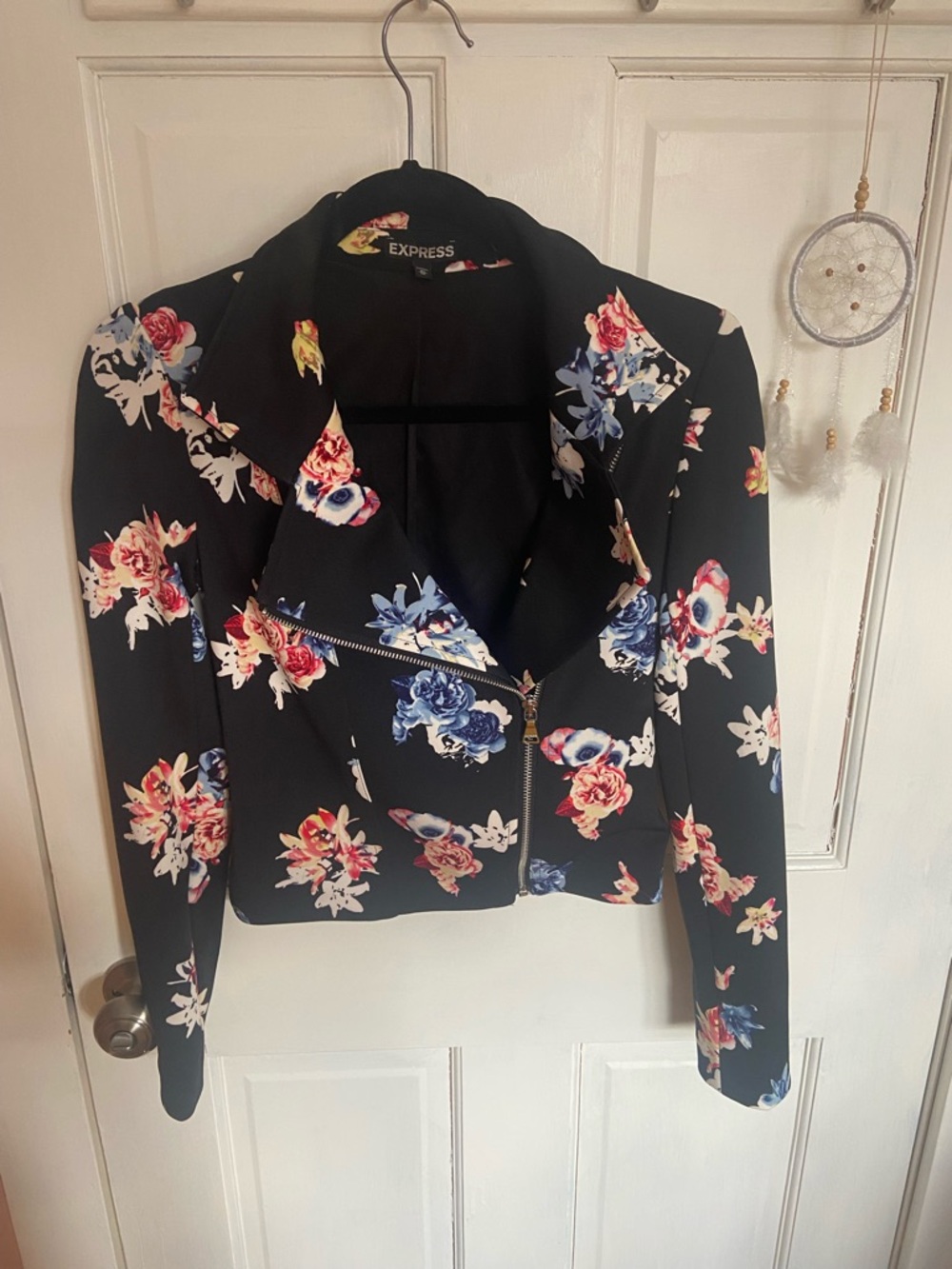 Express Black Floral Asymmetrical Zip Moto Jacket